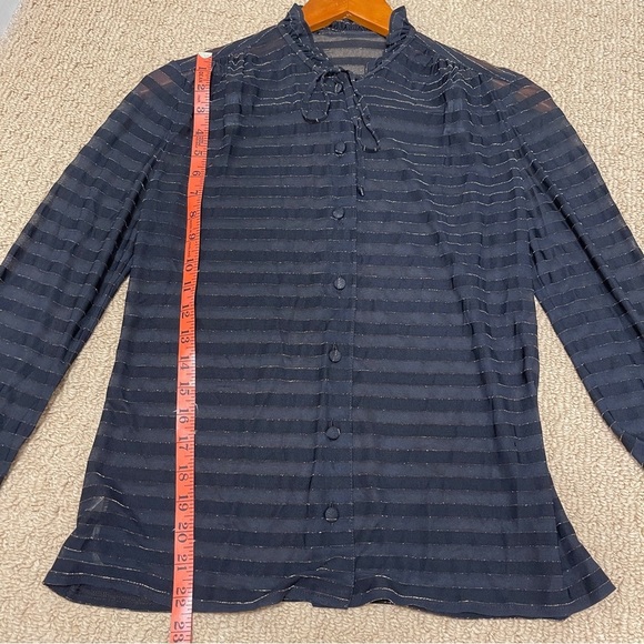 Vintage Italian Sheer Shimmer Button-Up Ribbon Blouse Black Gold - Picture 14 of 16